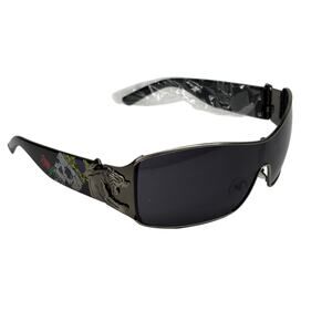 Ed Hardy Style Vtg Sunglasses Skull & Rose Tattoo Graphics Black on Black Y2K